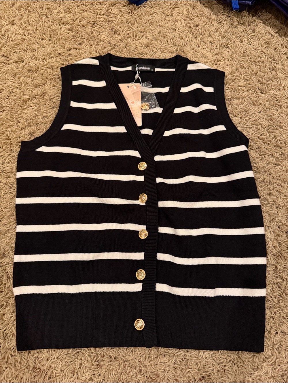 Women's Black & White Striped Sleeveless Knit Vest with Gold Buttons